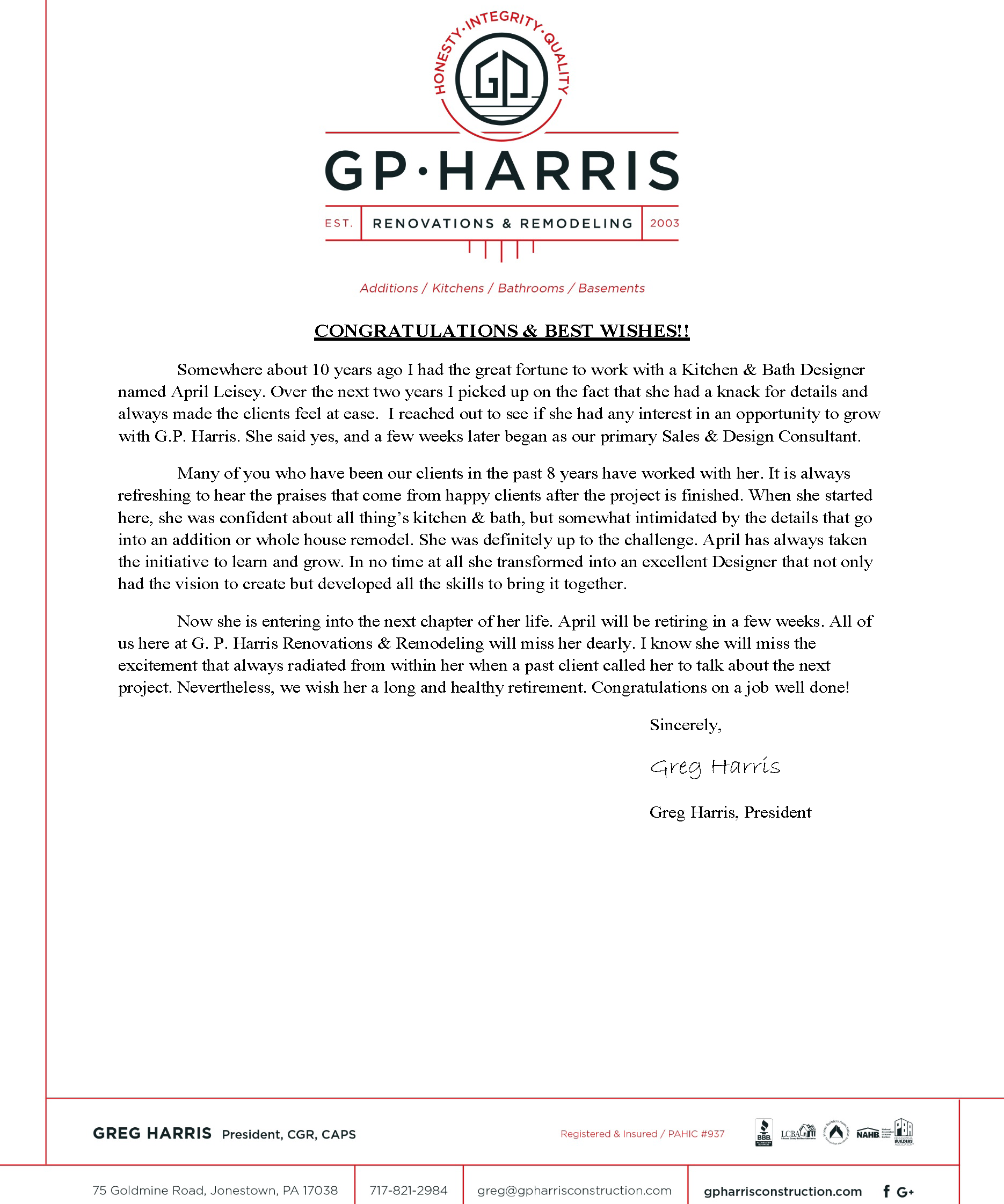 Letter from Greg Harris for April's retirement.