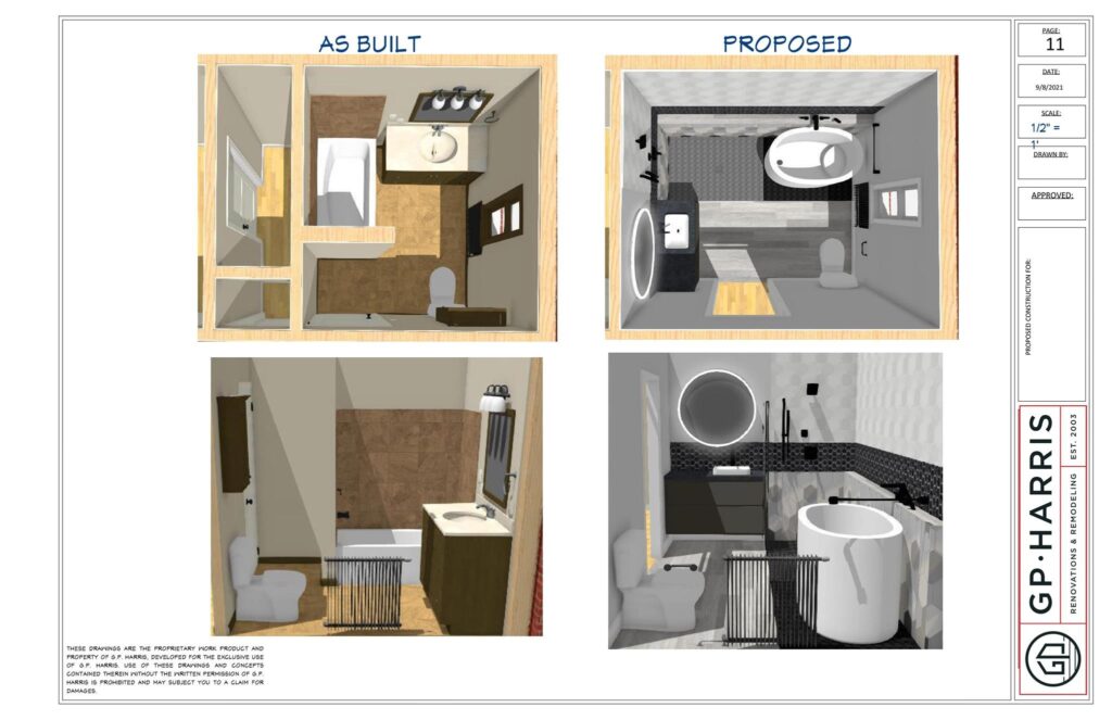 Design of a bathroom remodel showing the before and after visuals by G.P. Harris Renovations & Remodeling