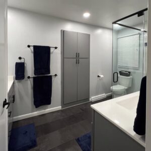 Bathroom remodel with in-wall cabinets in the middle.