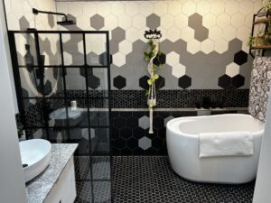 Black, white, and grey Harrisburg bathroom remodel