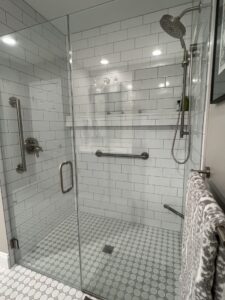 Large walk-in shower in Linglestown bathroom remodel.