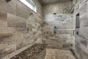 Massive walk-in shower with built-in bench in Mechanicsburg.